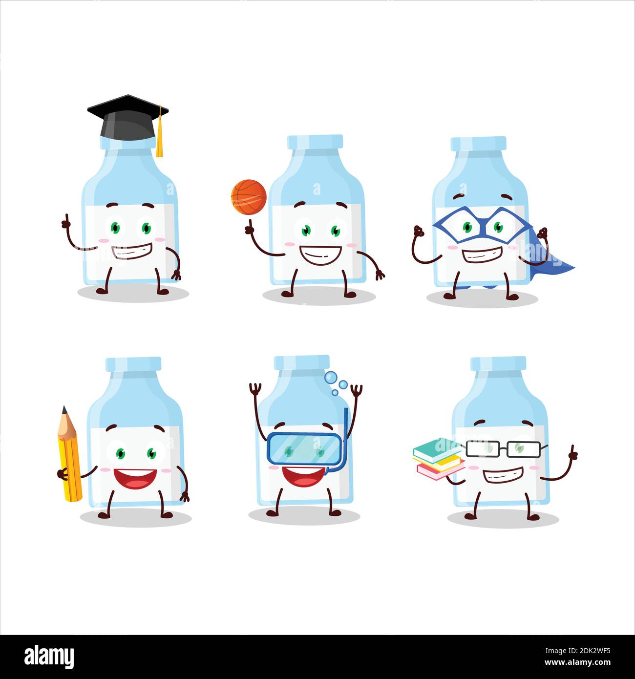 School student of milk bottle cartoon character with various ...