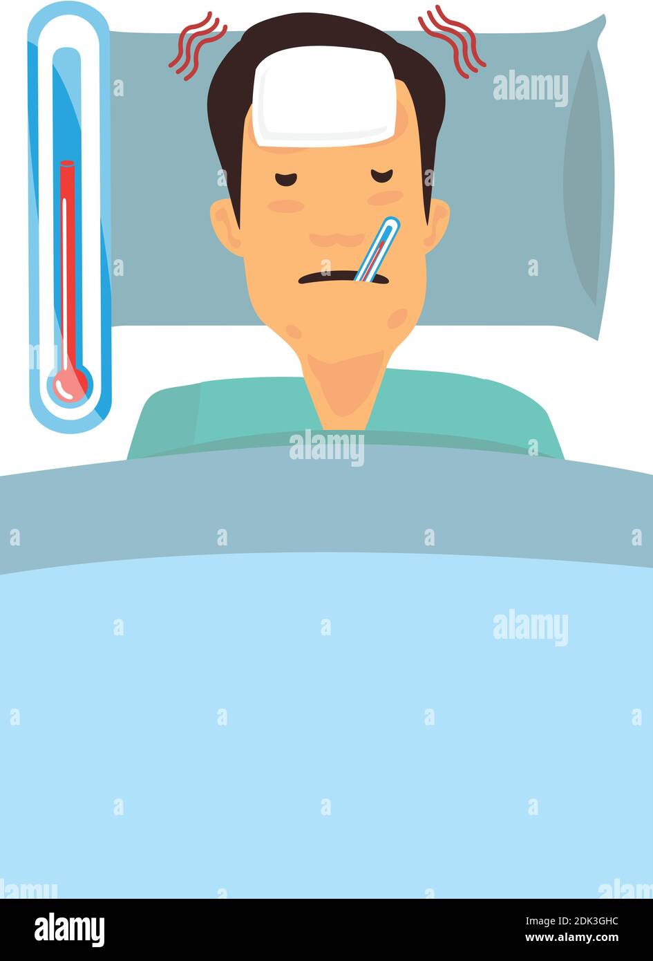 Sick man lying in bed with thermometer in mouth covered in blanket measuring temperature. Man sweating from fever. Cartoon character isolated vector i Stock Vector Image & Art - Alamy Sick man lying in bed with thermometer in mouth covered in blanket measuring temperature. Man sweating from fever. Cartoon character isolated vector i Stock Vector Image & Art - Alamy
