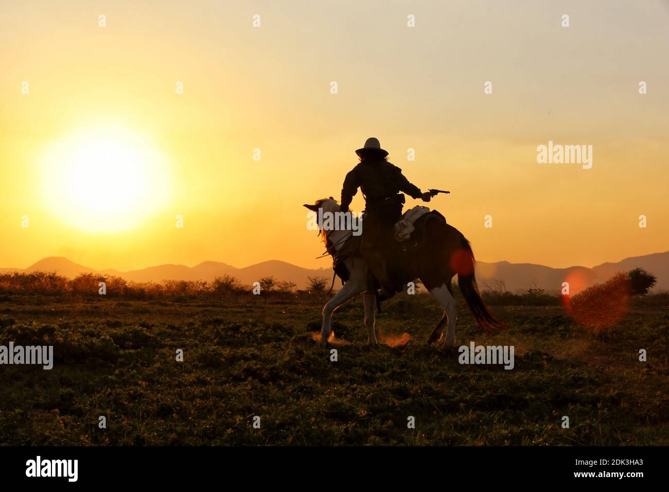 Silhouette Of Man Holding Gun Sitting On Horse Against Sky During Sunset Stock Photo