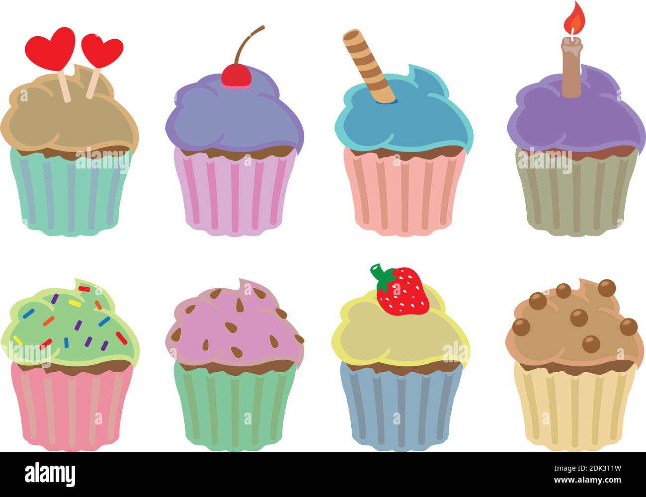 Vector illustration set of colorful cupcakes in different flavors and toppings isolated on white background. Stock Vector