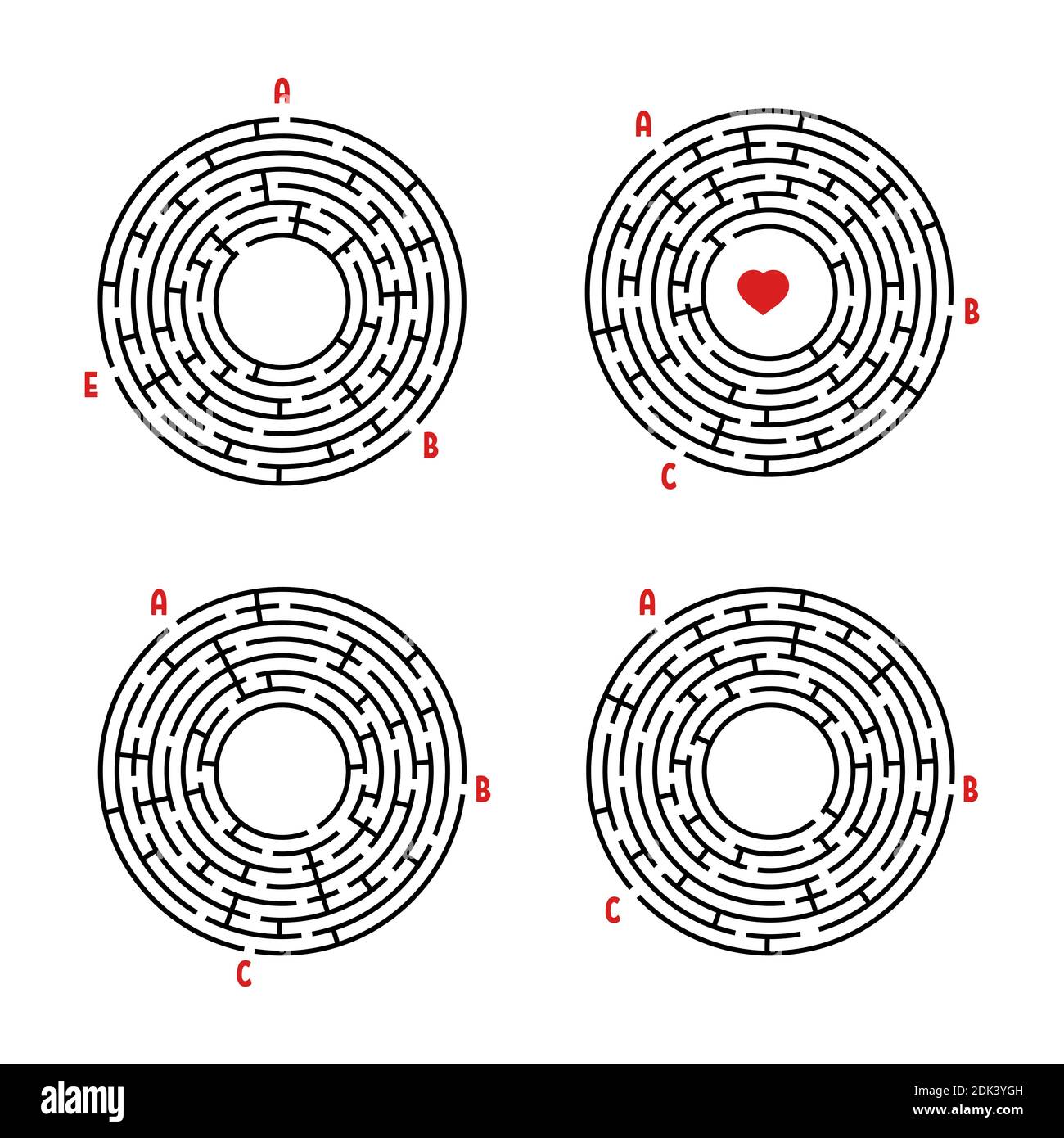 A set of round mazes. Game for kids. Puzzle for children. Labyrinth conundrum. Flat vector illustration isolated on white background. Stock Vector
