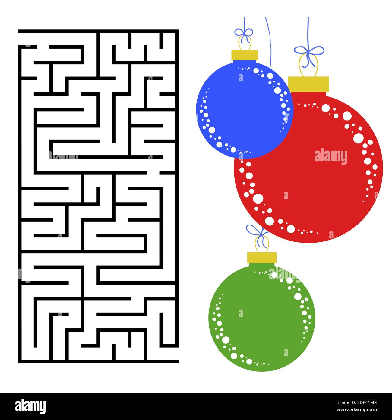 Abstract rectangular maze with a color picture. Round Christmas balls. An interesting and useful game for children. Simple flat vector illustration is Stock Vector