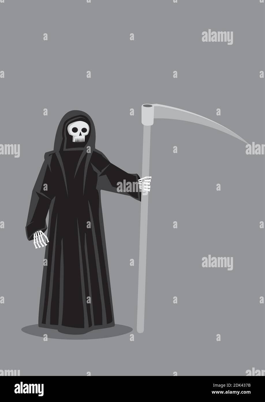 Vector cartoon illustration of Grim Reaper, character personification of Death, skeleton dressed in black hooded cloak costume and carrying a scythe i Stock Vector