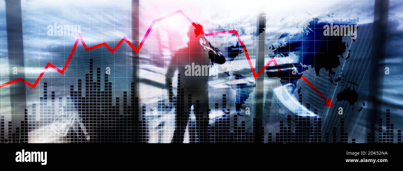 Chart with red down arrow on abstract background. Falling growth in ...
