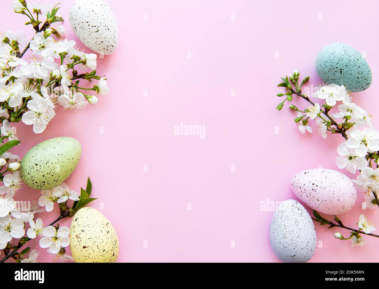 Colorful Easter eggs with spring blossom flowers over pink background ...