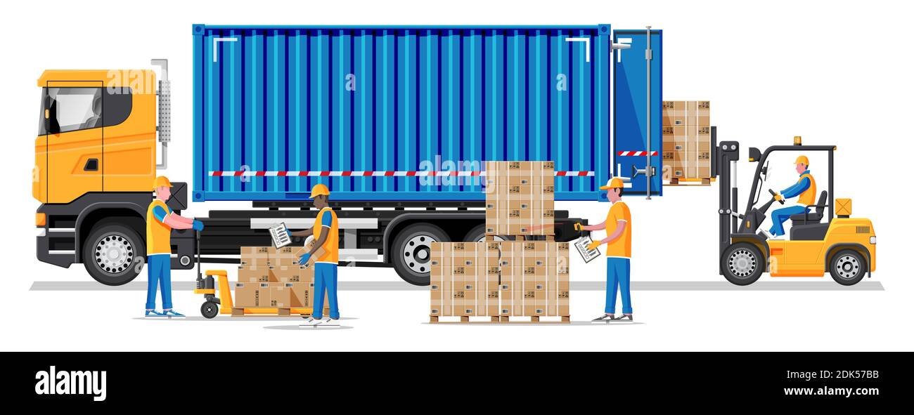 Forklift loading pallet boxes into truck. Warehouseman with checklist ...