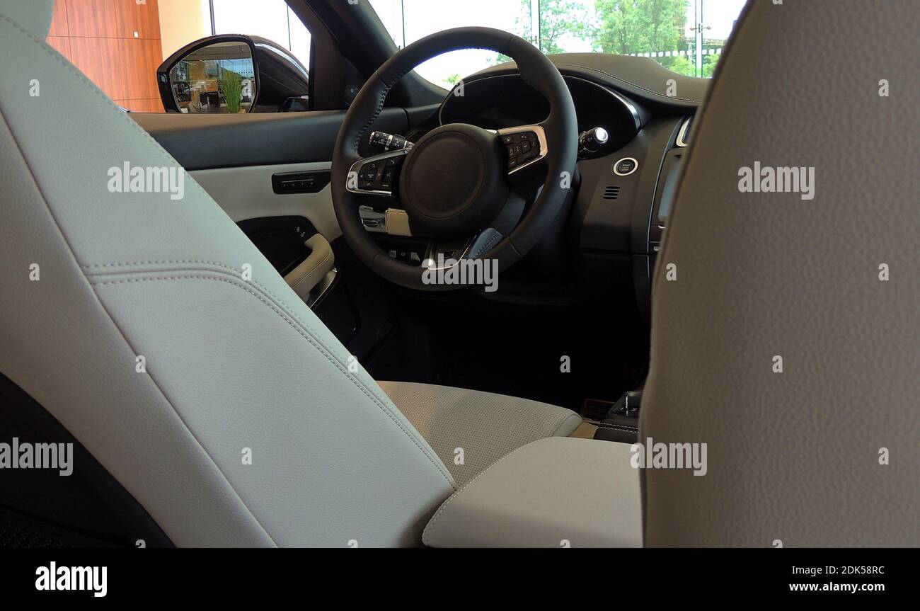 Front Part Of Car Cabin With Leather Upholstery Stock Photo