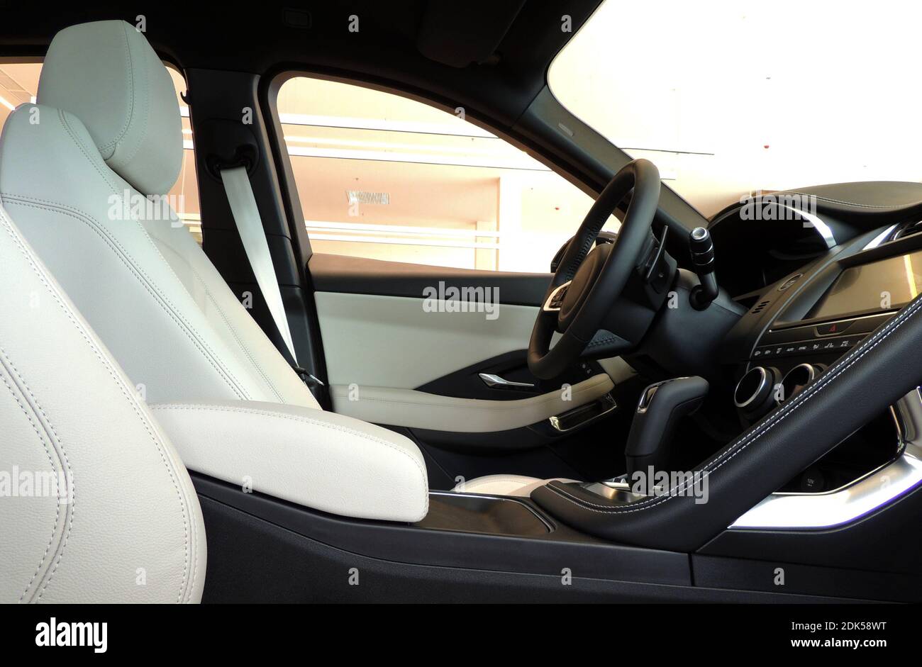 Cabin Of Vehicle Stitched White And Black Leather Stock Photo