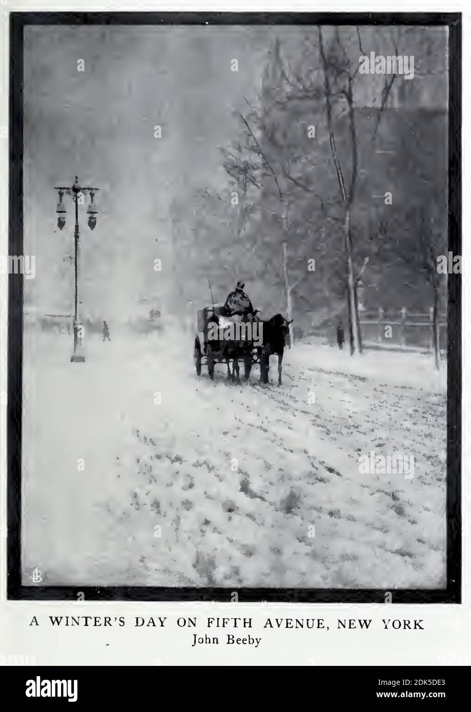 Vintage photograph entitled A Winter's Day on Fifth Avenue, New York by John Beeby. A horse and carriage passing on a snowy fifth avenue. Cool. Stock Photo