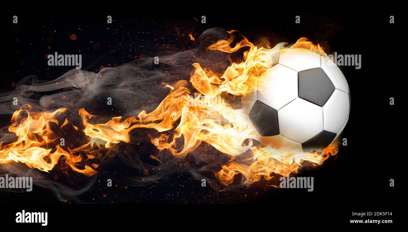 Digital Composite Image Of Burning Soccer Ball In Motion Against Black Background Stock Photo Alamy