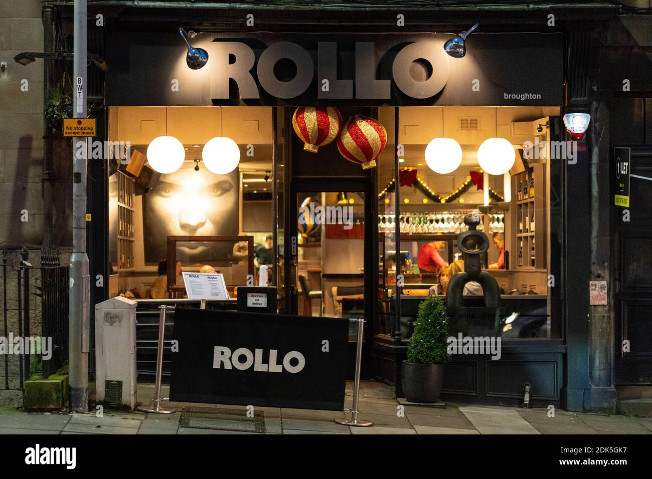 Edinburgh, Scotland, UK. 14 December 2020. City of Edinburgh controversially remains in Level 3 of lockdown meaning bars and restaurants must close at 6pm and not sell alcohol. Most bars have chosen to remain closed, Tuesday will see Scottish Government announce if the city will relax lockdown to level 2 or remain at level 3. Pic; Rollo bistro on Broughton Street. Iain Masterton/Alamy Live News Stock Photo