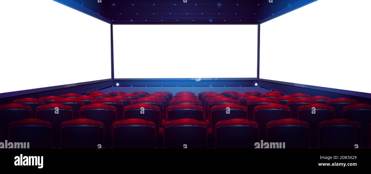 Movie theater, cinema hall with white screen and rows of red seats rear view. Empty interior with light blank screen, chair backs and illumination on ceiling and floor, Cartoon vector illustration Stock Vector