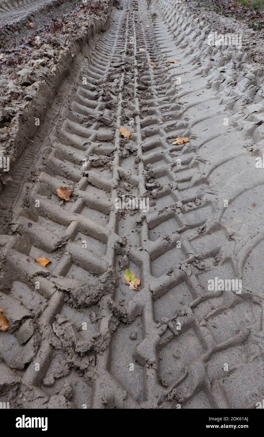 Bad road conditions: tire track in a very muddy path Stock Photo