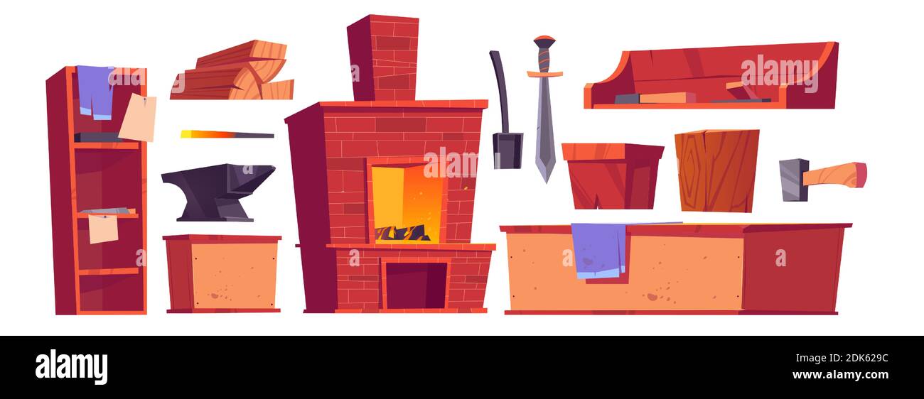 Forge or blacksmith stuff and furniture, burning oven, sword, anvil, scoop and hammer with wood logs, wooden shelves, chair and desk with ragged fabric. Cartoon vector illustration, isolated icons set Stock Vector