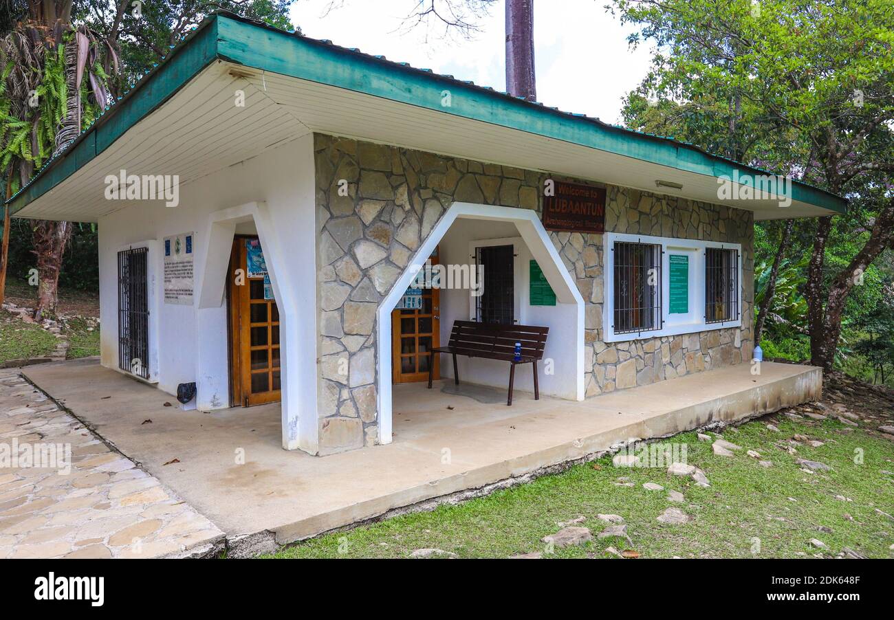TOLEDO DISTRICT, BELIZE - Jun 10, 2019: The visitor center entrance and reception building at Lubaantun Mayan Archaeological Site in Southern Belize. Stock Photo
