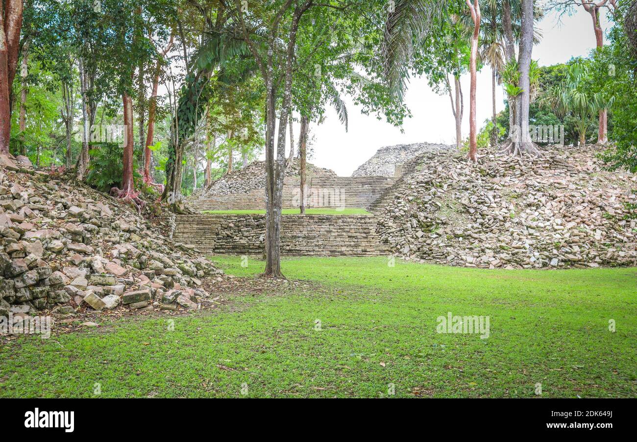 TOLEDO DISTRICT, BELIZE - Jun 10, 2019: Trees grow from the ruins at Lubaantun Mayan Archaeological Site where historic buildings have been uncovered Stock Photo