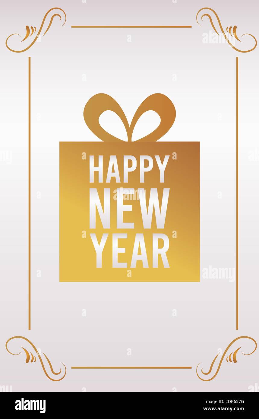 happy new year lettering card with golden gift vector illustration ...