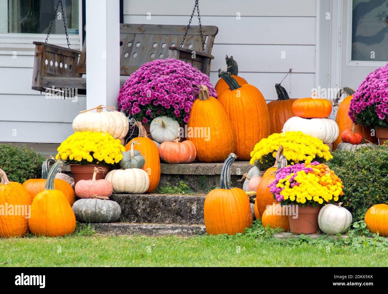 Pumpkins And Flowers Outside House Stock Photo - Alamy