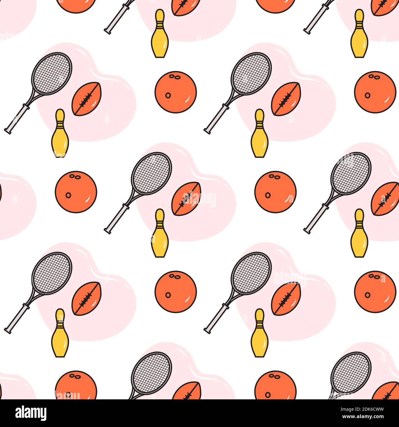 Vector seamless pattern with bowling ball, pin, tennis racket, football ...