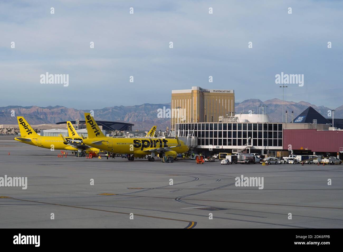 Sprit Airlines planes parked at the B Gates at the McCarran International Airport, Sunday, Dec. 13, 2020, in Las Vegas. Stock Photo