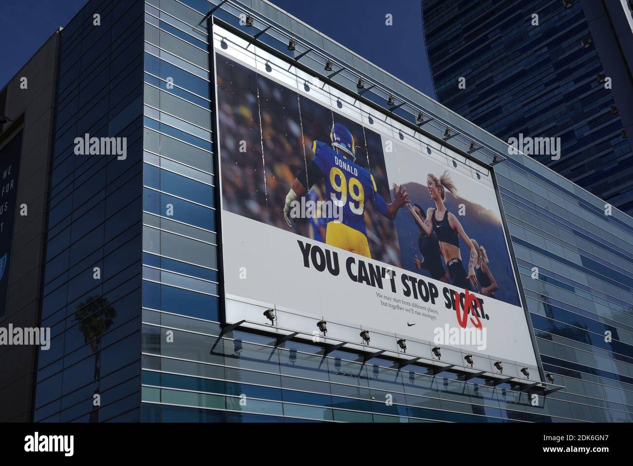 Fuld Cyberplads lidenskabelig A Nike advertisement featuring Los Angeles Rams defensive end Aaron Donald  with the words "You can't stop sport (us)" at the Ritz-Carlton Hotel at LA  Stock Photo - Alamy