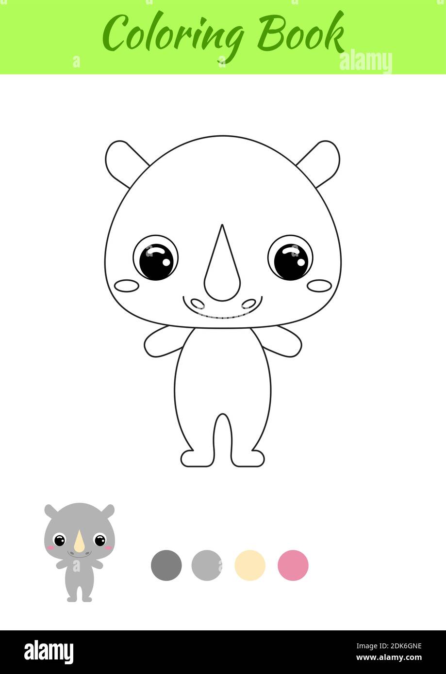 Coloring book little baby rhino. Coloring page for kids. Educational activity for preschool years kids and toddlers with cute animal. Black and white Stock Vector