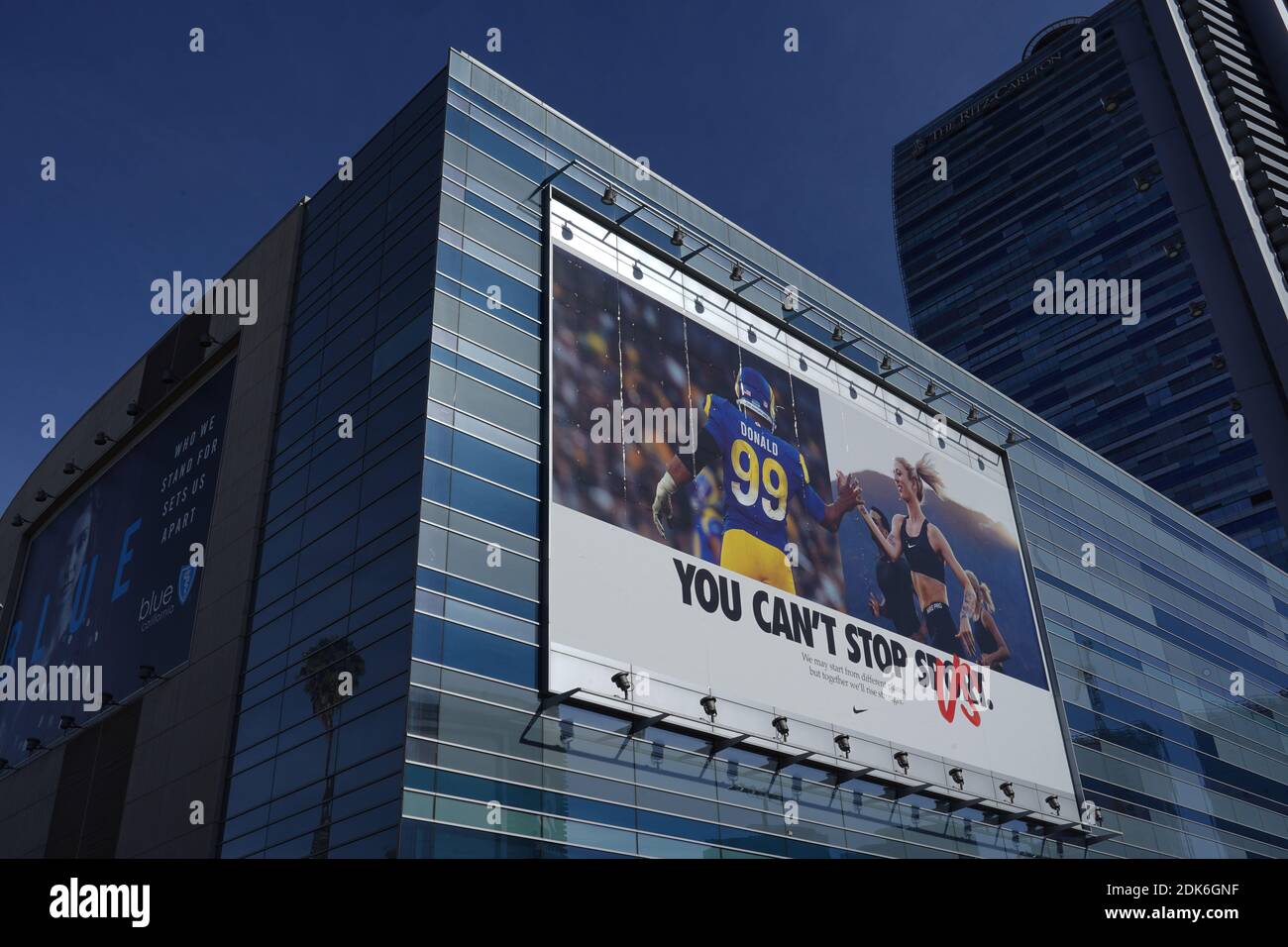 A Nike advertisement featuring Los Angeles Rams defensive end Aaron Donald with the words 'You can't stop sport (us)' at the Ritz-Carlton Hotel at LA Stock Photo