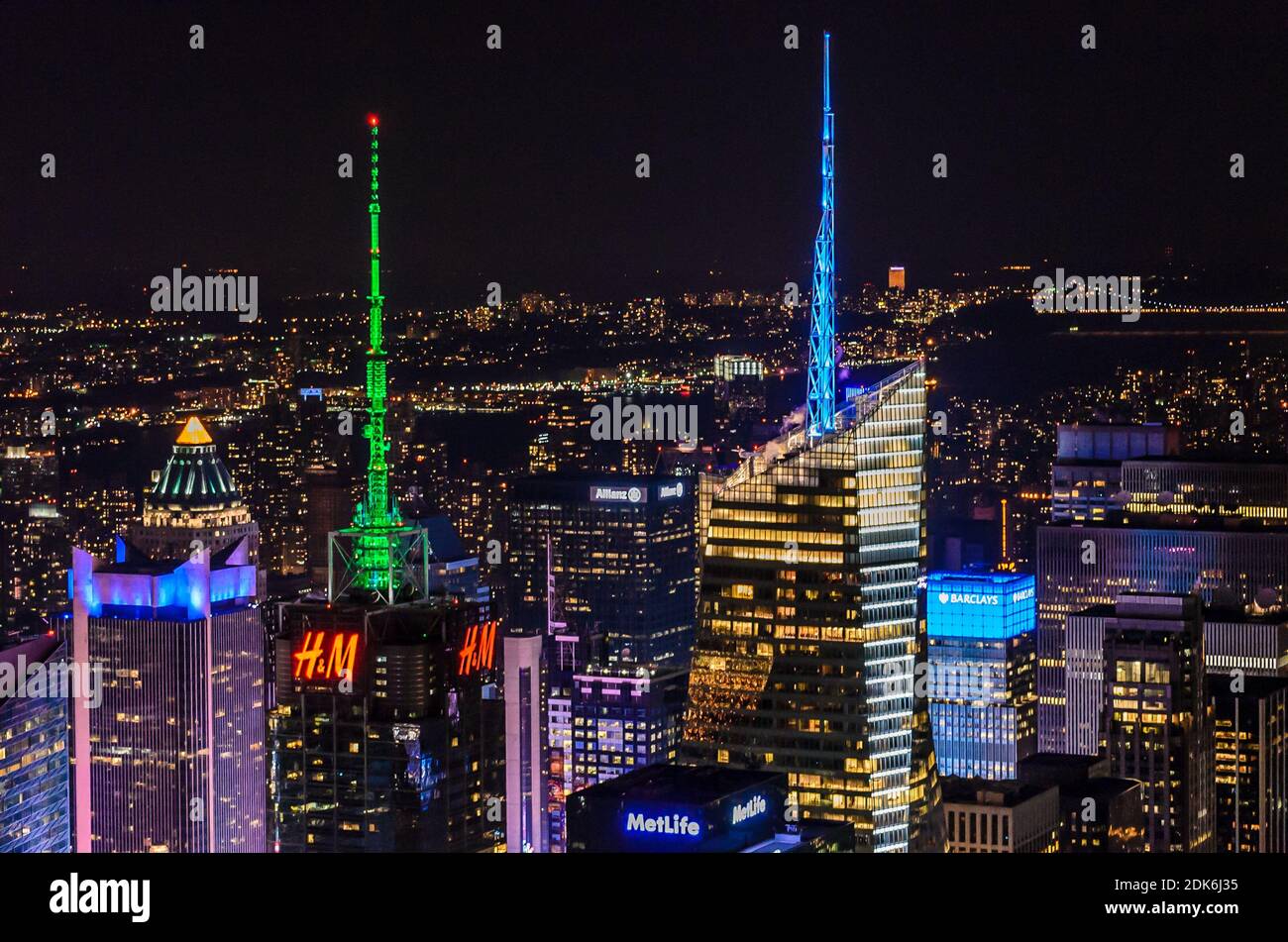 Aerial View From Times Square Illuminated Buildings and Towers in Manhattan. Famous New York City Skyline. Stock Photo