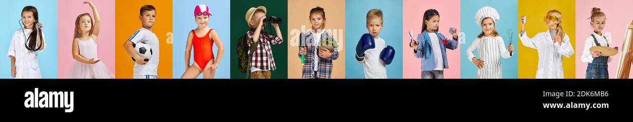 children dream of the future. Little child girl and boy want to become football player, ballerina, doctor, scientist, chef, tailor, artist, swimmer, gardener or boxer. Stock Photo