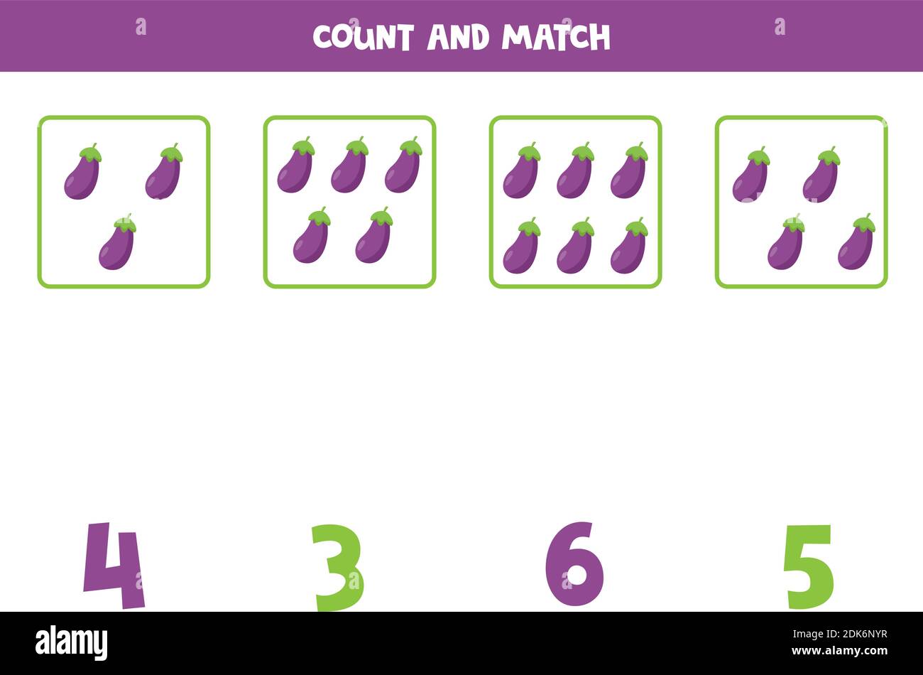 Counting game for kids. Count all cartoon eggplants and match with number.  Worksheet for children Stock Vector Image & Art - Alamy