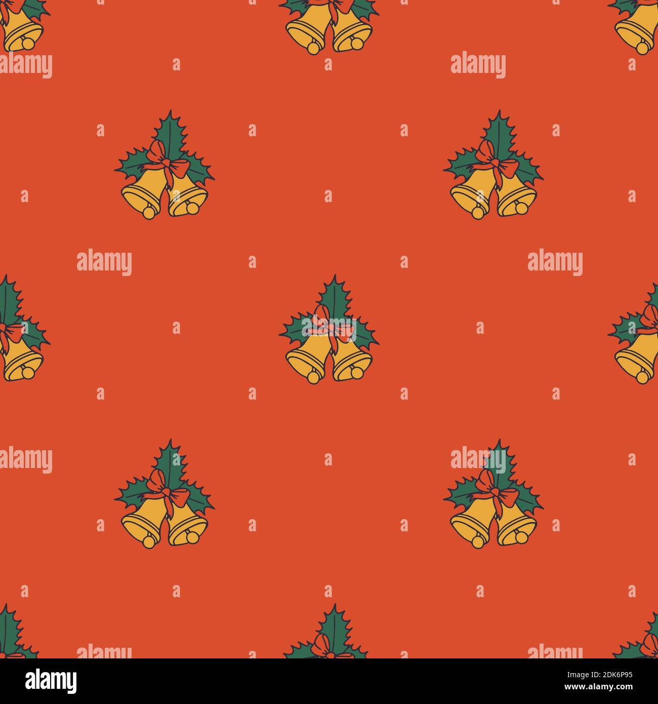 Christmas seamless pattern with golden jingle bells and holly leaves on ...