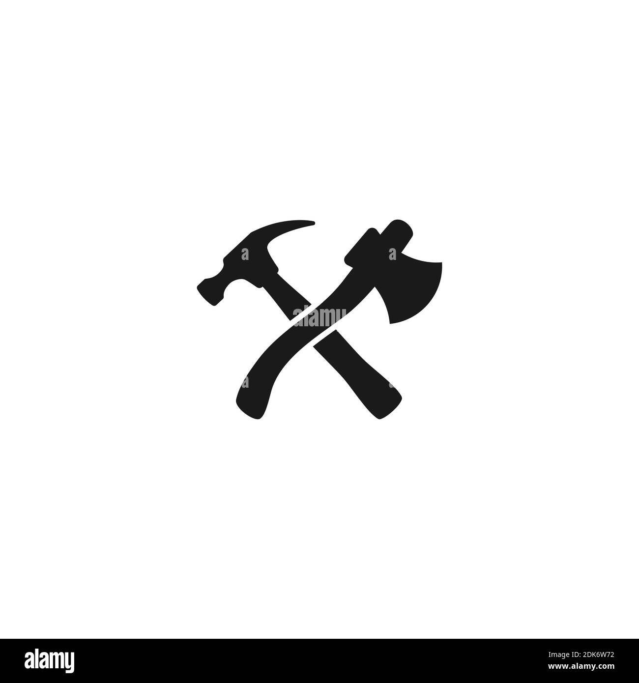 Black crossed carpenter hammer and axe. Handyman, locksmith, joiner
