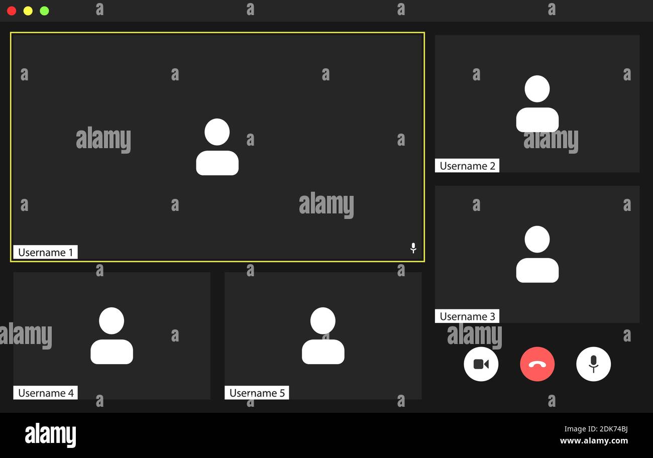 Video conference UI, calls window overlay. A large window for the main ...