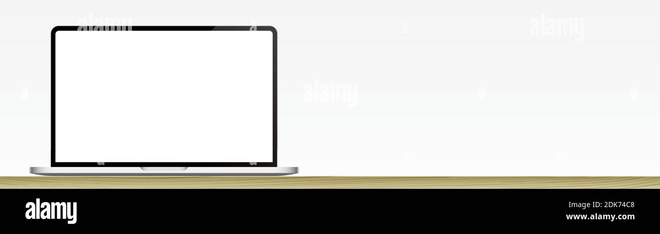 Modern sleek laptop with a blank white screen, standing on a wooden table. Horizontal banner with a laptop, and copy space, for image or text placement. Realistic notebook vector template.  Stock Vector