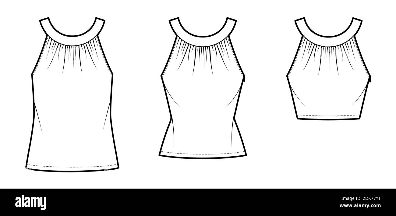 Set of Tops rounded neck band tank technical fashion illustration with ruching, fitted oversized body, tunic and waist length hem, button keyhole. Flat template front white color. Women men CAD mockup Stock Vector