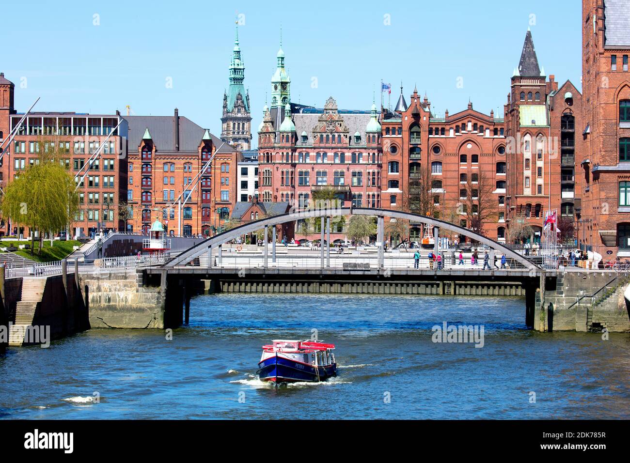 Hanseatic City of Hamburg, Port of Hamburg, historic warehouse district in the Hafencity. Fleet with launches. Stock Photo