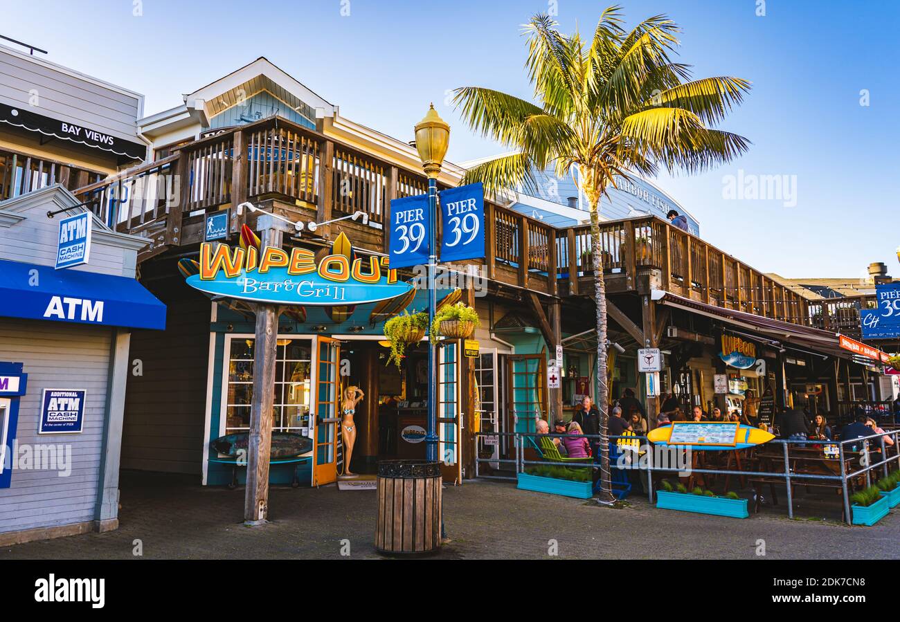 Wipeout Bar and Grill is a popular surfing restaurant with a wide-open patio in Pier 39. Stock Photo
