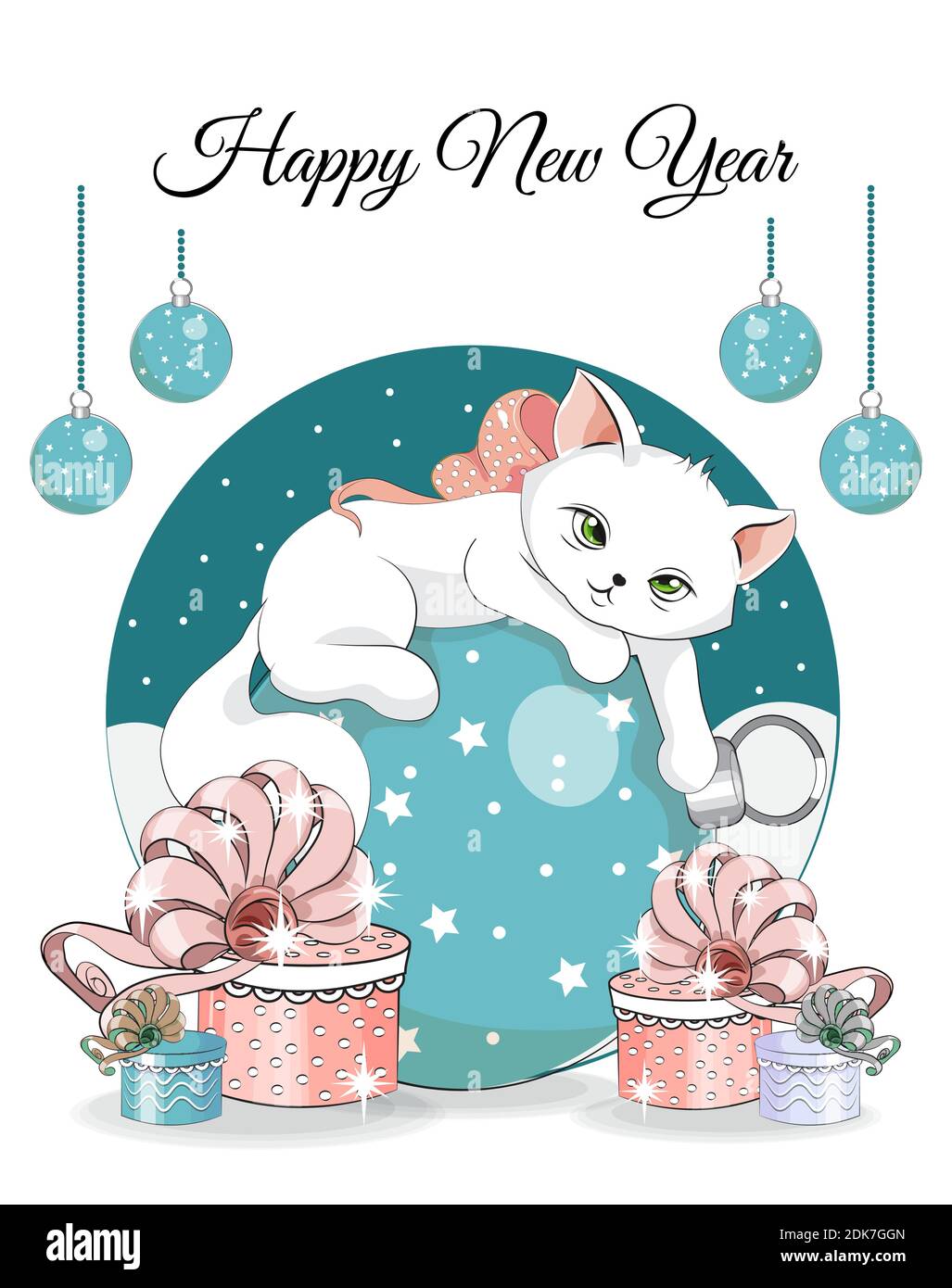Happy New year. Merry Christmas cute white cat, kitten on ball. Picture in  hand drawing cartoon style, for t-shirt wear fashion print design, greeting  Stock Vector Image & Art - Alamy