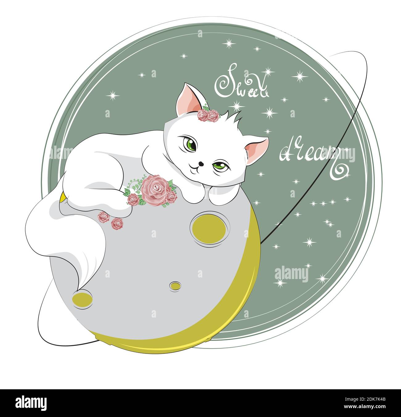 isolated sleepping baby girl cat. kitten in roses flowers, on moon. Picture in hand drawing cartoon style, for t-shirt wear print, fashion design, gre Stock Vector