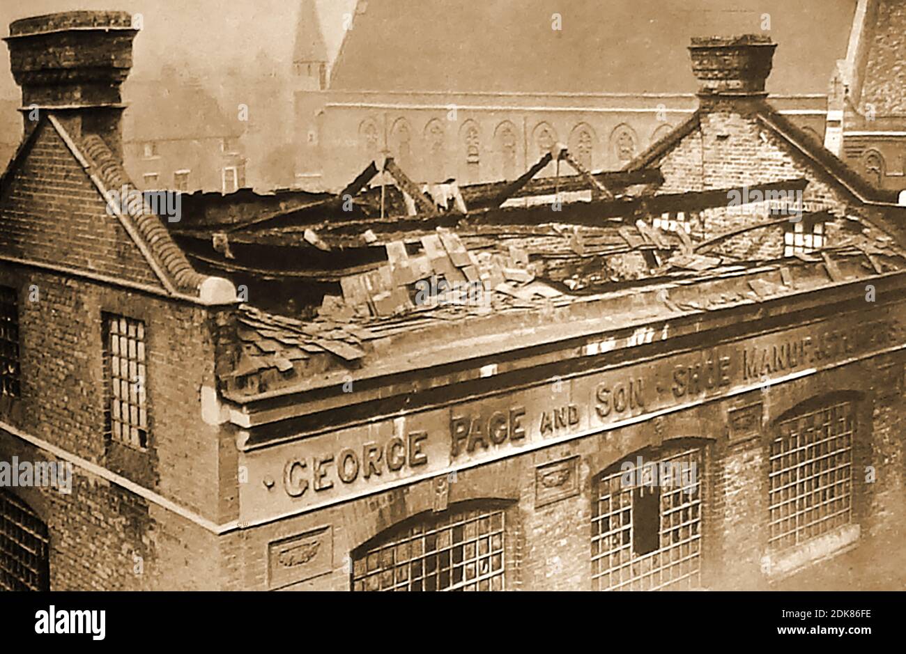 Bomb damage in Britain after the first attack by German Planes on Britain in the First World War.  The main campaign against Britain started in January 1915 using airships . The German Navy and Army Luftstreitkräfte mounted over 50  'zeppelin' bombing raids on the United Kingdom though both Zeppelin and Schütte-Lanz airships were used. The picture shows the  wrecked George Page and son, shoe manufacturers building. Stock Photo