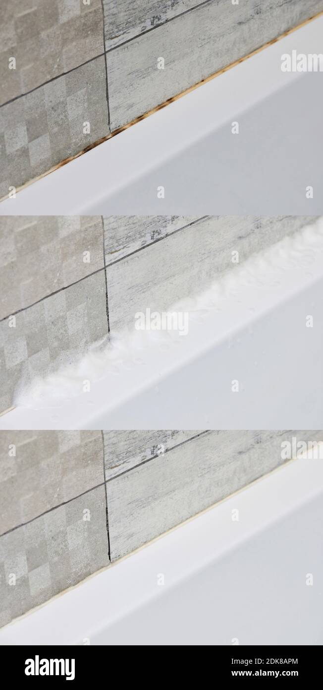 Mold in bathtub theme. Removing dark rusty spots from tiles Stock Photo