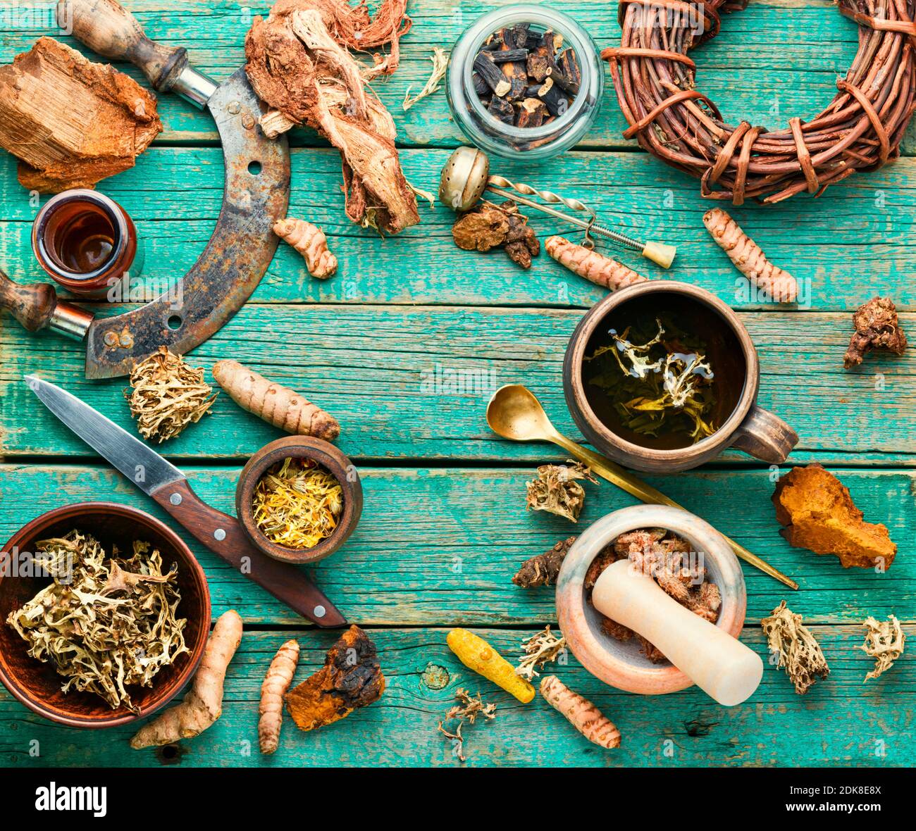 Herbal tea from medicinal herbs.Medicinal plants and roots in herbal