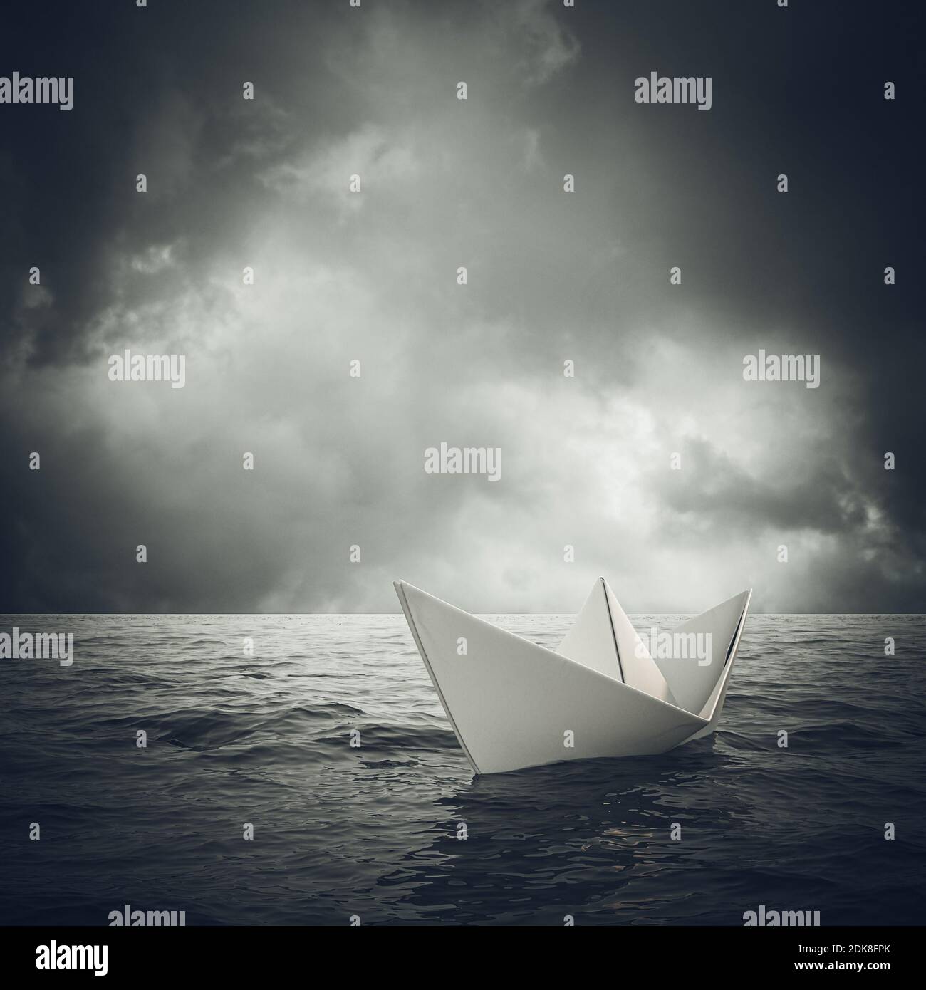 paper boat sails alone in a vast ocean. 3d render. Stock Photo