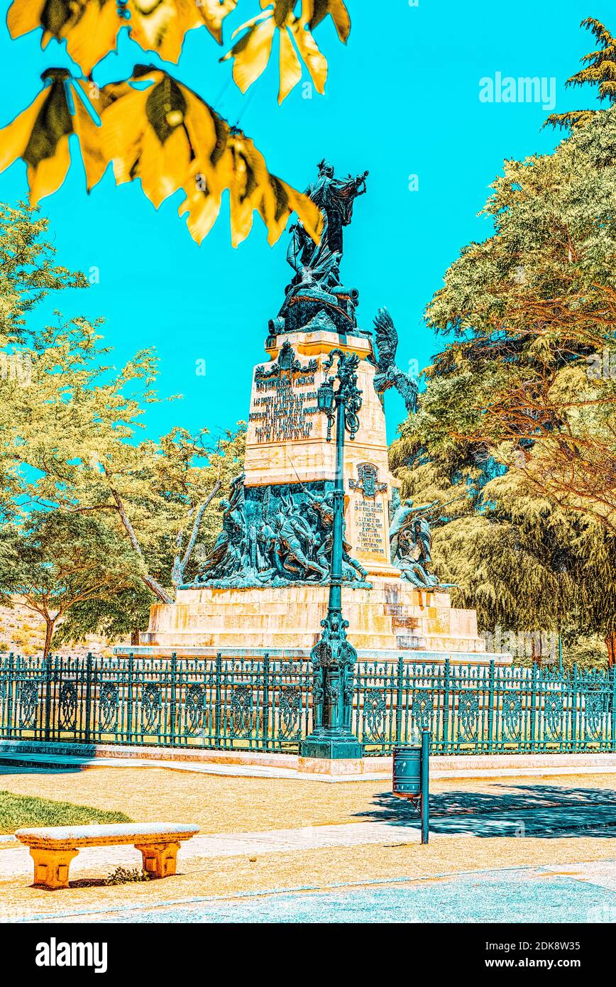 Landscape of the Monument to the Heroes of May 2 on Square The Queen Victoria Square Eugenia (Plaza la Reina Victoria Eugenia) in Segovia, Spain. Stock Photo
