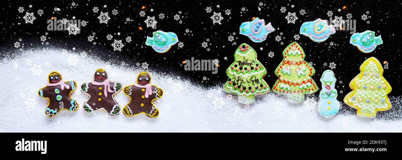 Gingerbread funny widescreen landscape, the concept of Christmas. Art design, banner Stock Photo