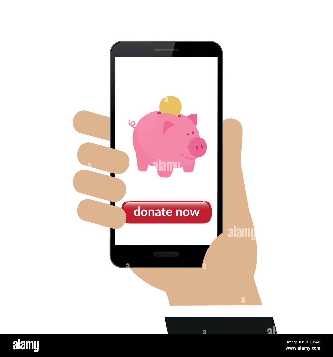 hand holds smartphone with piggy bank donate isolated on white background vector illustration EPS10 Stock Vector