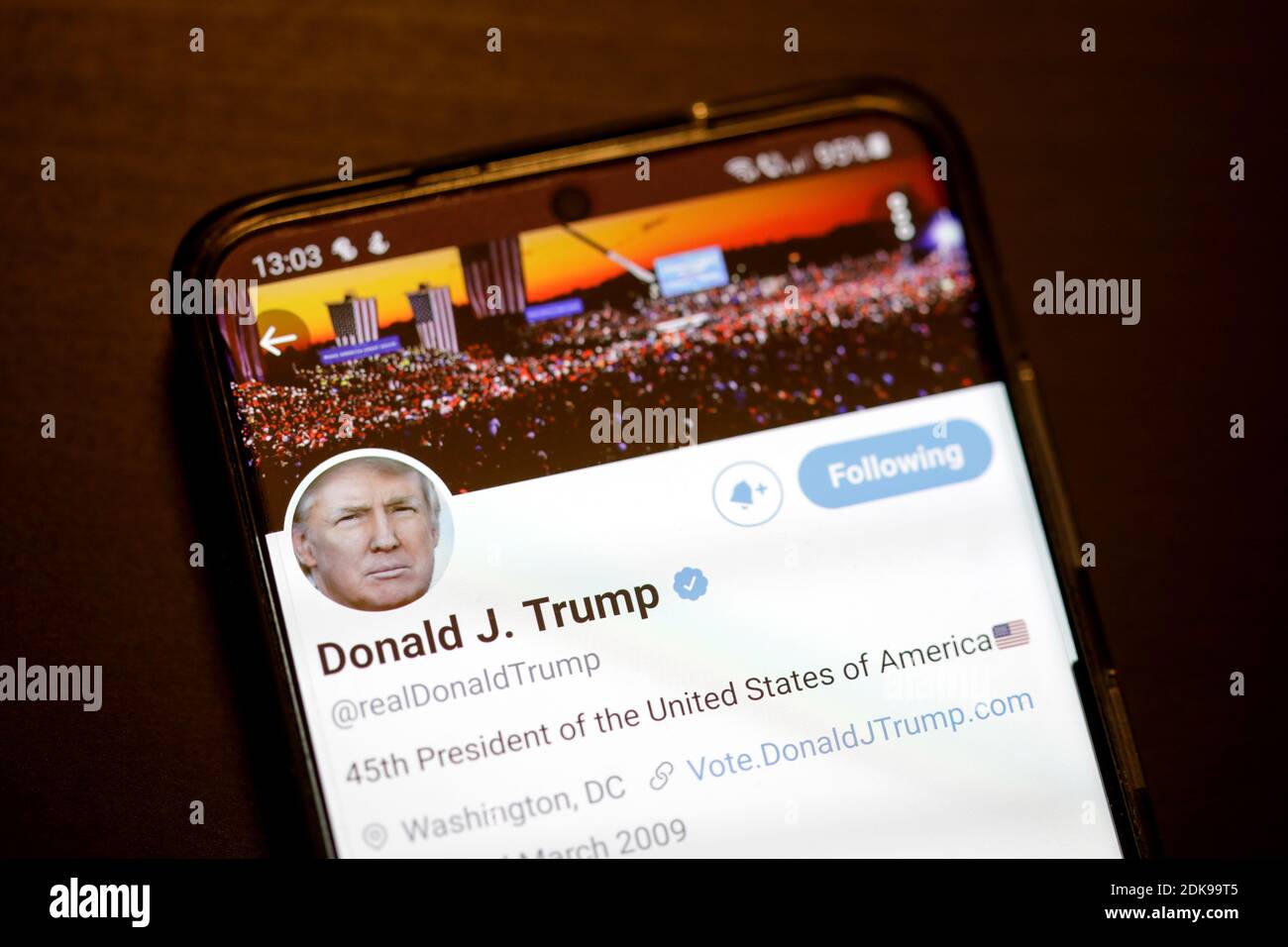 Bucharest, Romania - December 13, 2020: Details with the Twitter account of Donald Trump on a mobile device screen. Stock Photo