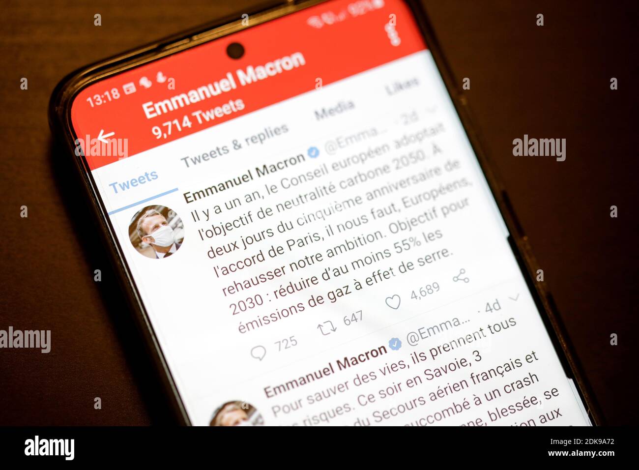 Bucharest, Romania - December 13, 2020: Details with the Twitter account of Emmanuel Macron on a mobile device screen. Stock Photo