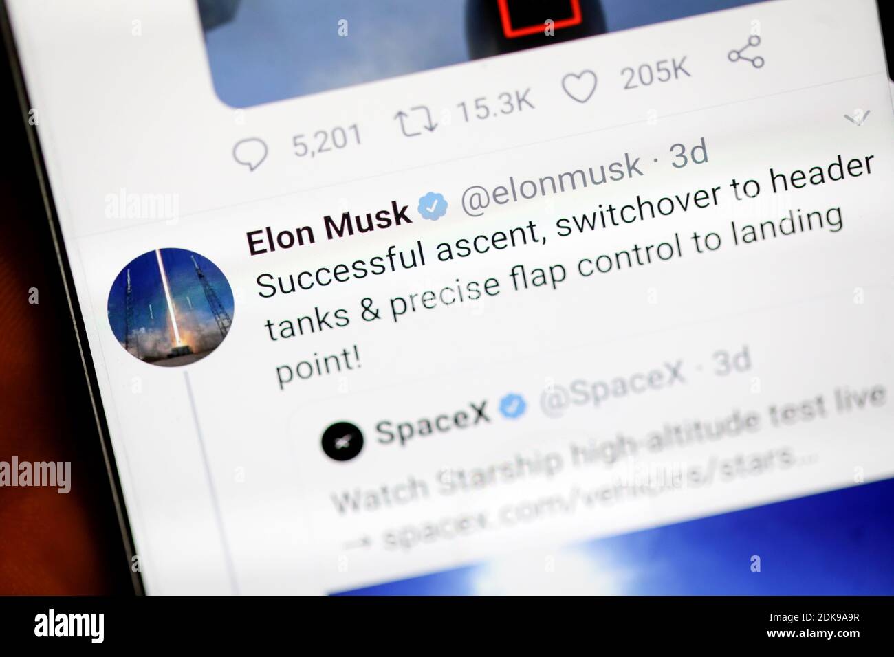 Bucharest, Romania - December 13, 2020: Details with the Twitter account of Elon Musk on a mobile device screen. Stock Photo