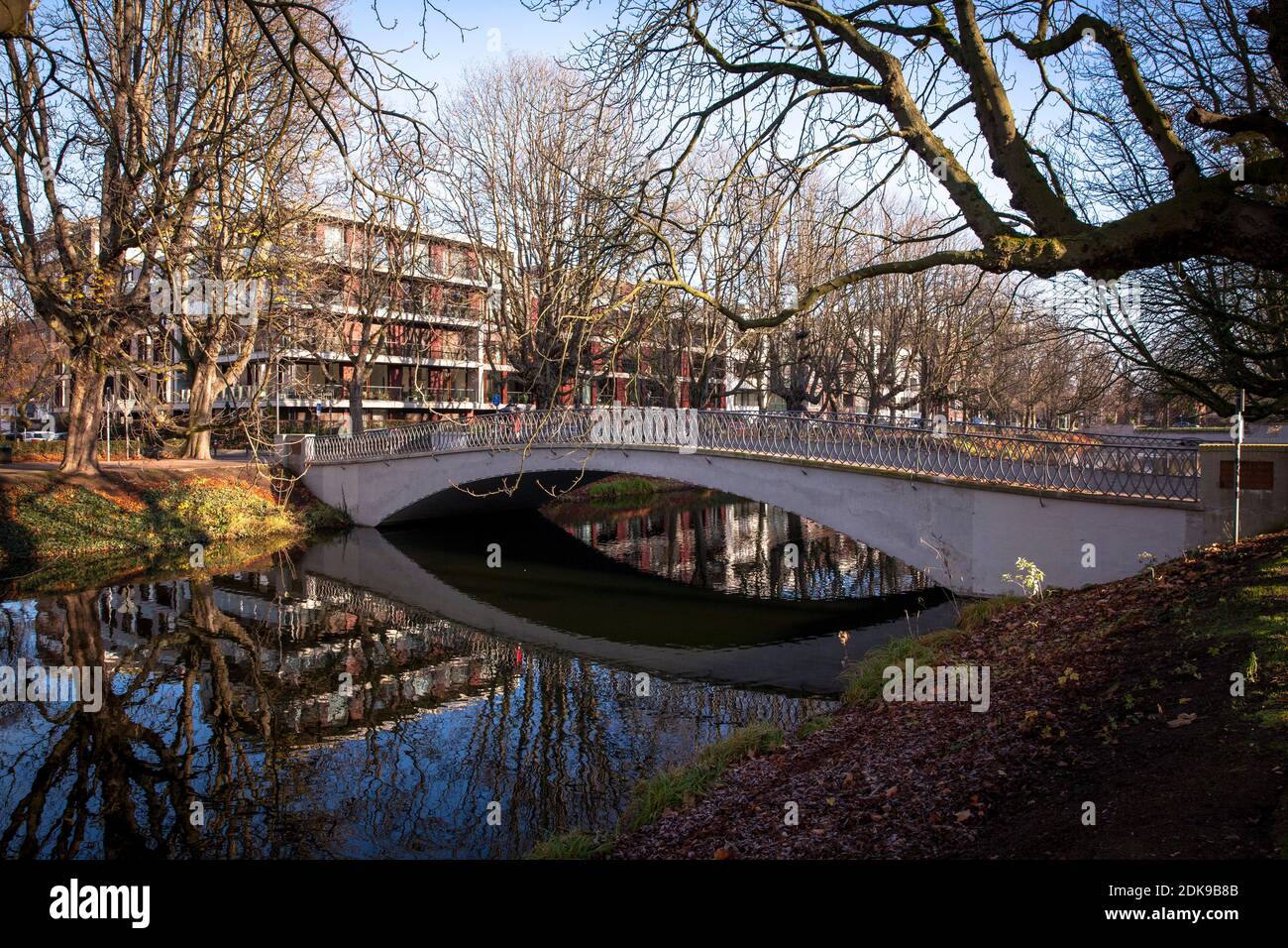 bridge over the Clarenbach canal in the district Lindenthal, it is part of the Lindenthal canal, which runs from the pond Aachener Weiher to the stree Stock Photo